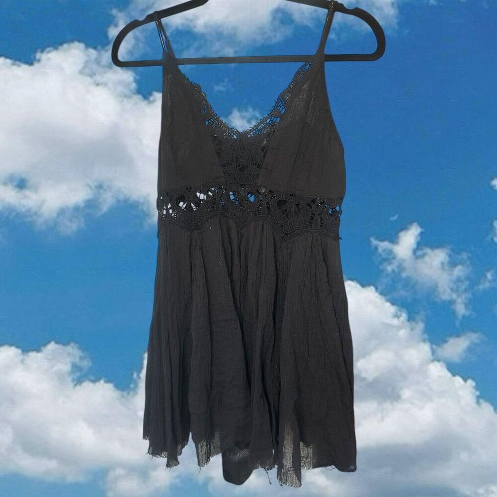 Free People One Dress Womens XS Black Cotton Mini Prairie Goth Festival Raw Hem